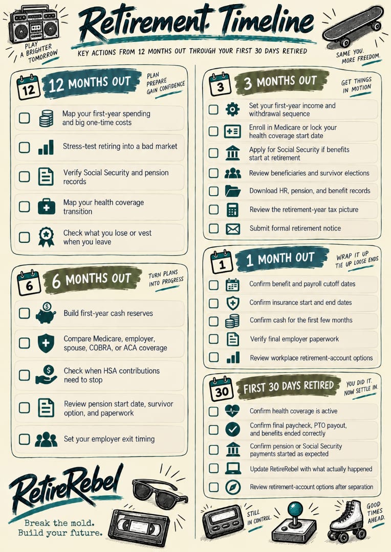 Retirement timeline checklist from 12 months out through the first 30 days retired